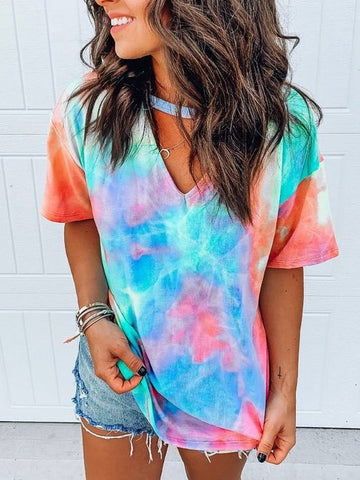 Printed Tie-dye V-neck Short Sleeves