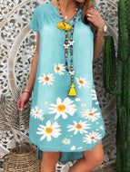 Flower Print Round Neck Denim Dress