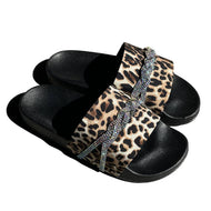 Leopard Print Sandals Flat Bottom Large Size European and American Wear Bright Diamond Slippers