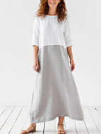 Cotton and Linen Stitching Dress Round Neck Three-quarter Sleeve Skirt