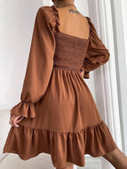 Square Neck Long Sleeve Ruffled High Waist Dress