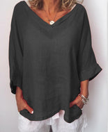 Plus Size Casual Solid V Neck 3/4 Sleeve Tops