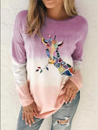 Gradient Giraffe Print Round Neck Long Sleeve T-shirt Top