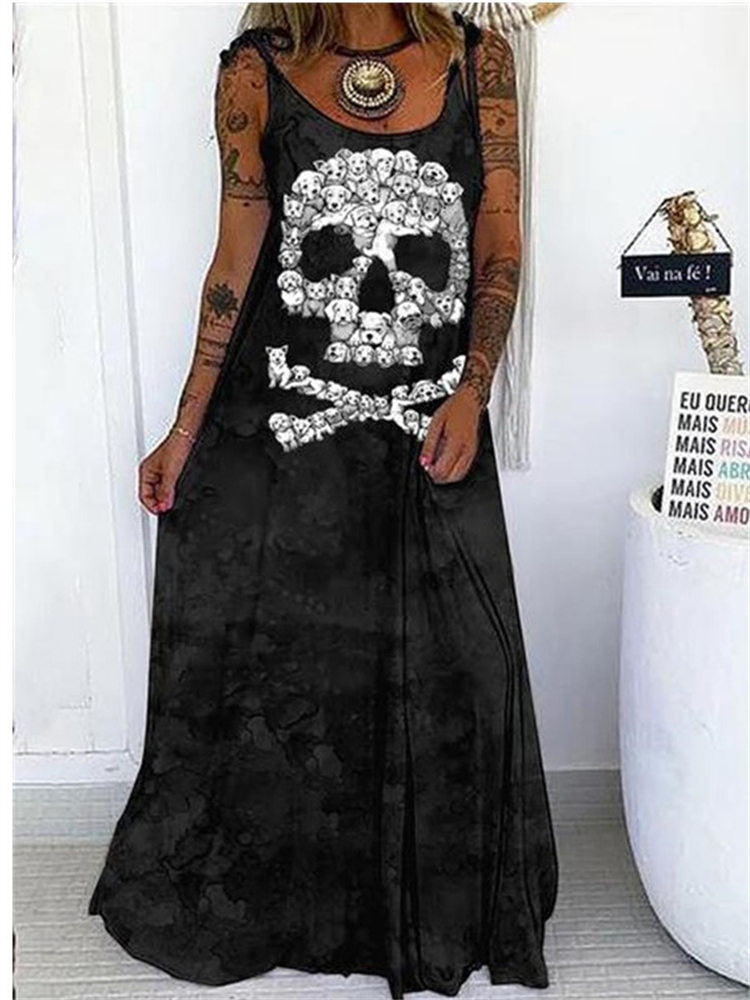 New Women's Punk Skull Print Loose Plus Size Lace-Up Dress