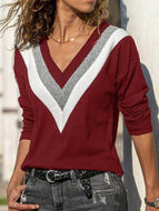 V-neck Long-sleeved Contrast Sweater Loose T-shirt