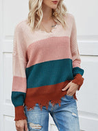 V-neck Stripe Contrast Long Sleeve Sweater