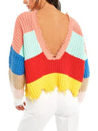 V-neck Rainbow Striped Pullover