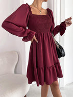 Square Neck Long Sleeve Ruffled High Waist Dress