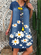 Flower Print Round Neck Denim Dress