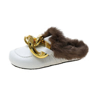 Metal Chain Lazy Slippers with Faux Fur