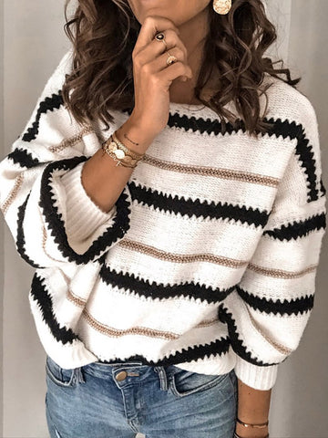 Women's Fashion Casual Metallic Striped Round Neck Knitted Sweater Shirt