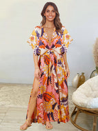 Fashion Boho Dress Doll Sleeve V-Neck Print Beach Plus Size Loose Dresses