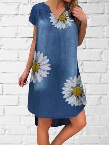 Sunflower Print Blue V-neck Denim Dress