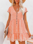 Sweet Style V-Neck Button Small Floral Short Sleeve Loose Casual Dress Loose Mini Dresses