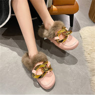 Metal Chain Lazy Slippers with Faux Fur