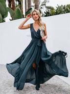 Sexy Sleeveless V-Neck Party Dress Mid-Rise Long Dress Tie Bow Robes