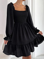 Square Neck Long Sleeve Ruffled High Waist Dress