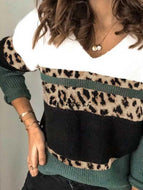 Leopard Print Patchwork Fashion V-neck Knit Sweater