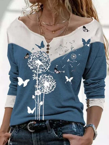 Print Colorblock V-neck Casual Shirt Tops