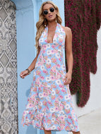 Sexy Backless Chiffon Dress Boho Maxi Print Beach Dresses for Holiday