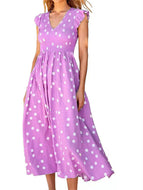 Women's V-neck Waist-length Skirt with Polka Dot Print Dress