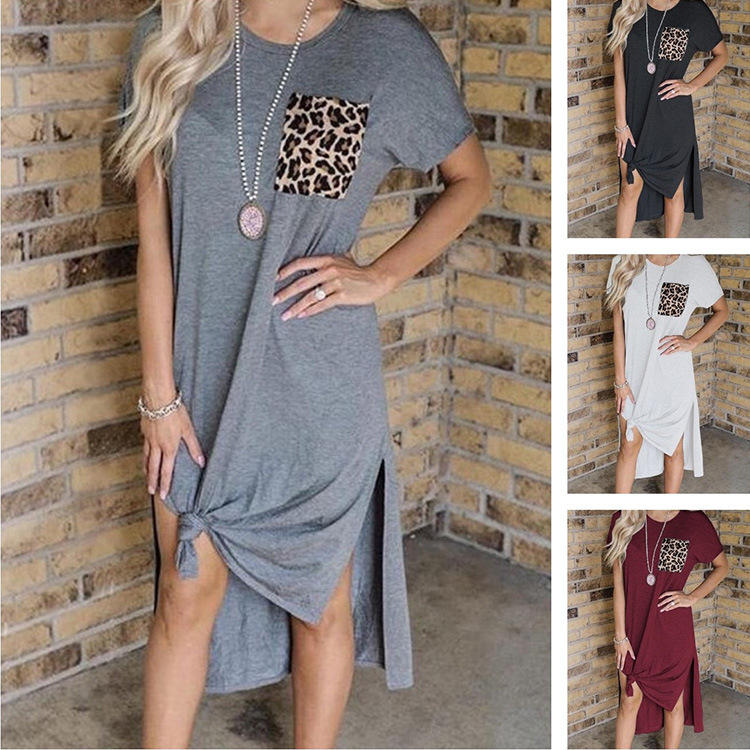 New Women's Leopard Print Pocket Stitching Short Sleeve Split Casual Retro Dress