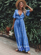 High Waist Lace V-neck Loose Large Skirt Dress Holiday Seaside Long Dresses Robes