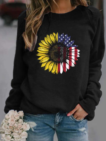 Sunflower Print Long-sleeved Sweatshir Tops