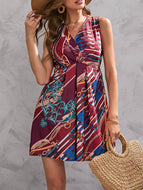 Summer Ethnic Style V-neck Sleeveless Floral Pleated Waist Dress