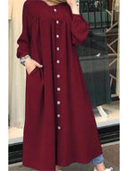 Long Sleeve Plus Size Women's Round Neck Pocket Commuter Casual Robe Shirt Dress