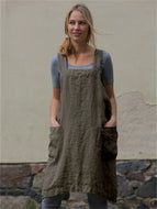 Women's Cotton Linen Apron Long Girth Loungewear Loose Long Dress