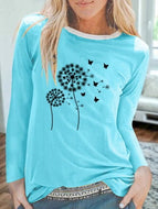 Spring and summer new dandelion printing women's long sleeve T-shirt round neck loose