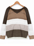 Autumn/Winter New Color Matching Hollow Loose V-neck Sweater