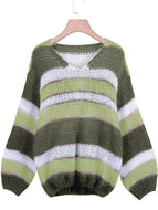 Winter New Solid Color Stitching Casual V-neck Striped Sweater