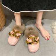 Metal Chain Lazy Slippers with Faux Fur