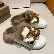 Metal Chain Lazy Slippers with Faux Fur