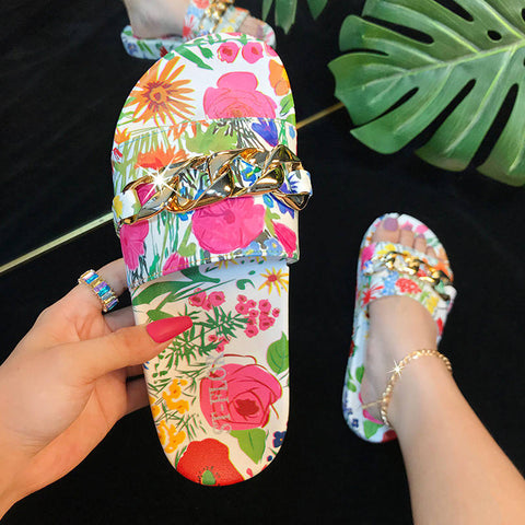 Fashion Casual Colorful Flower Chain Sandals and Slippers for Women's Outer Wear