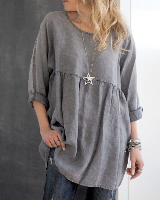 Round Neck Cotton And Linen Blouse Top