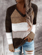 Autumn/Winter New Color Matching Hollow Loose V-neck Sweater