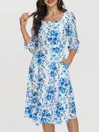 Blue Printed Square Neck Dress