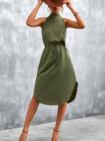 Solid Color Halter Neck Casual Drawstring Waist Slit Dress