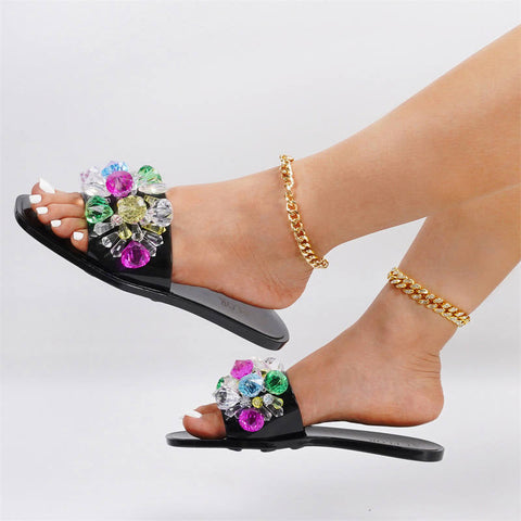 Fashion Transparent Color Rhinestone Jelly Shoes Crystal Flat Outerdoor Slippers Sandals