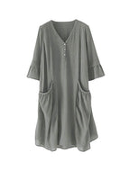 Patchwork 5 / 4 Sleeve Button Down V-neck Big Pocket Dress