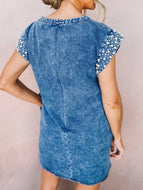 Summer Beaded Pearl Sleeve Crew Neck Midi Denim Dress