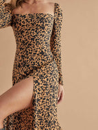 Floral Square Neck Long Sleeve Slit Design Dress Slim Fit Sexy Midi Dress