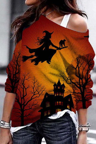 Women's Sweatshirts Witch Print Cold Shoulder Sweatshirt