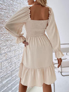 Square Neck Long Sleeve Ruffled High Waist Dress