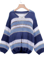 Winter New Solid Color Stitching Casual V-neck Striped Sweater