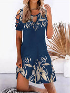 Summer Floral Cutout Design Off-the-shoulder Round Neck Pullover Dress