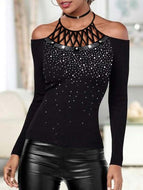 Slim Fit Halter Neck Cold Shoulder Shirt Tops